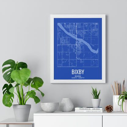 Bixby, Oklahoma Street Map Framed Print - White on Royal Blue
