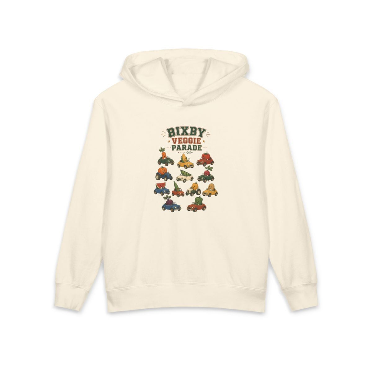Youth hoodie printed with Bixby Veggie Parade.
