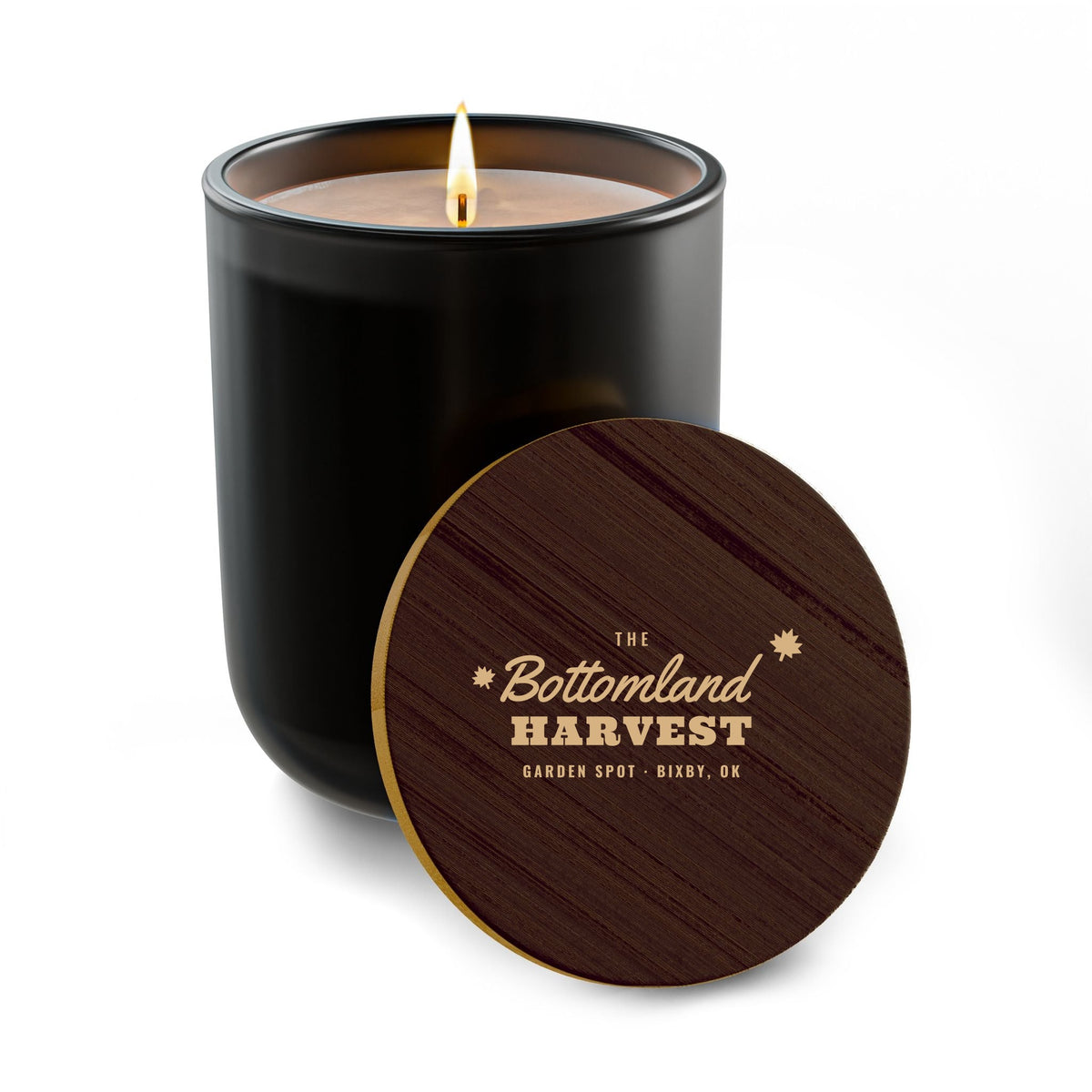 Bottomland Harvest engraved on the wooden candle lid (preview)