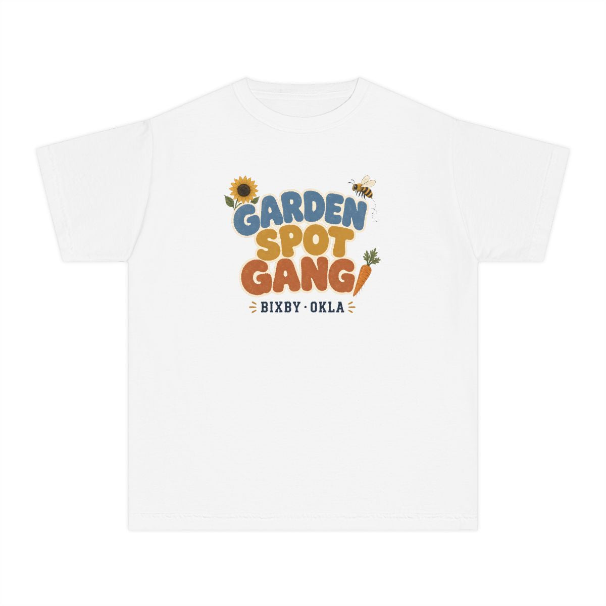 Youth tee printed with Garden Spot Gang.