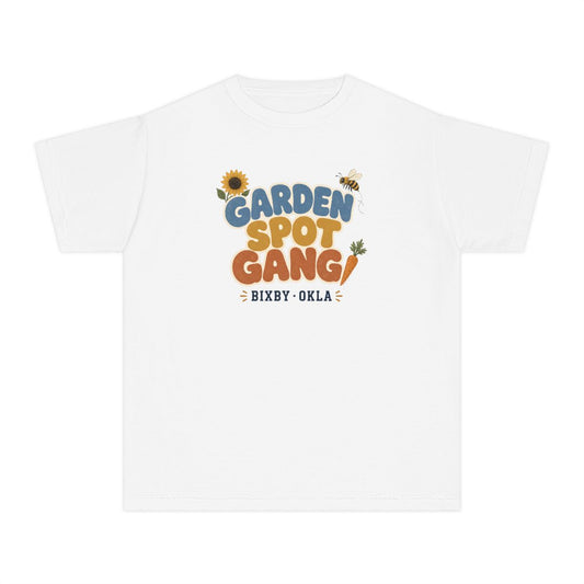 Youth tee printed with Garden Spot Gang.
