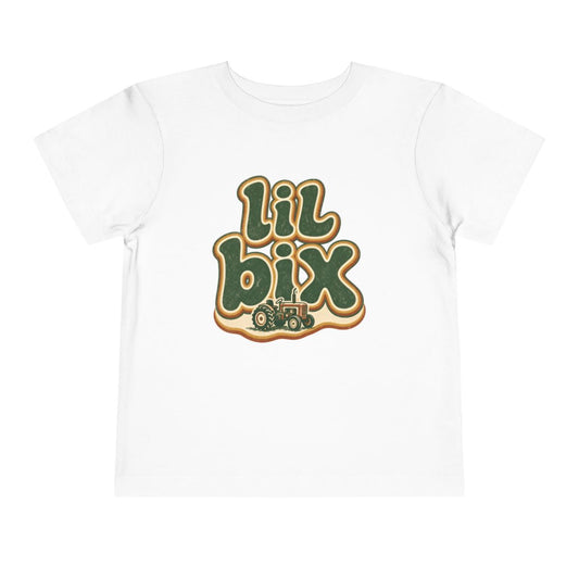 Toddler tee printed with lil bix Groovy Tractor.