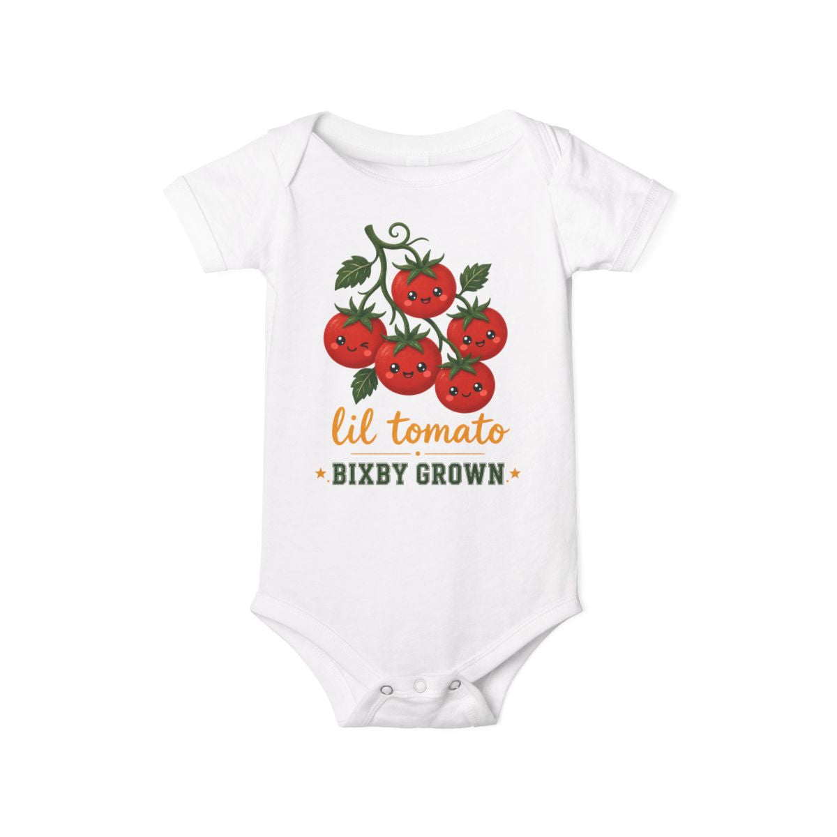 Baby bodysuit printed with lil tomato.